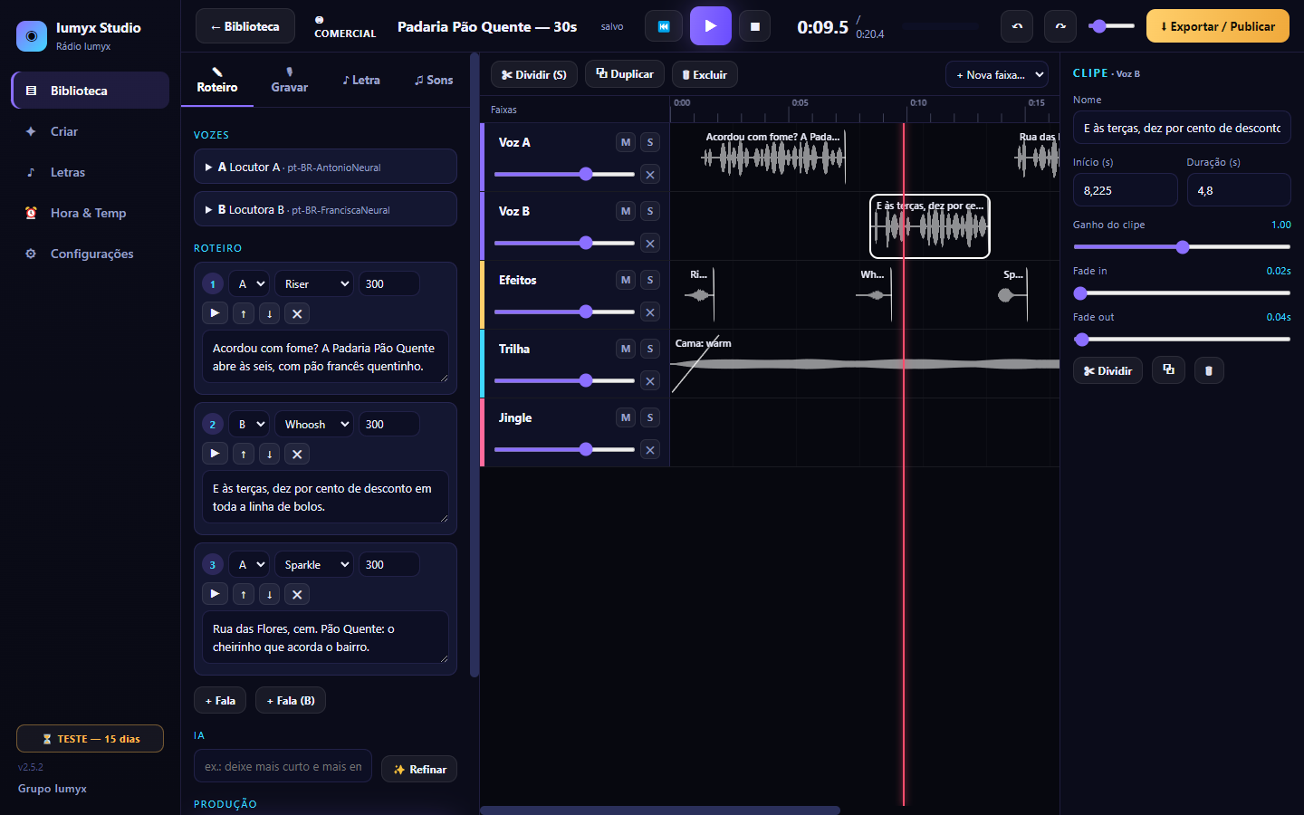 Editor multitrilha do Iumyx Studio com ondas sonoras, faixas de voz, efeitos e trilha